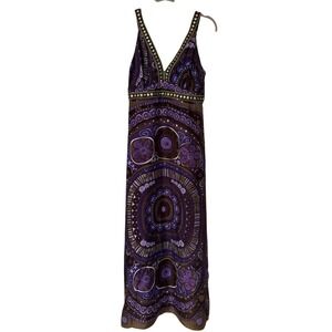 ITW by Claude Brown Purple Geometric Boho Maxi Dress Studded V-Neck Size 6